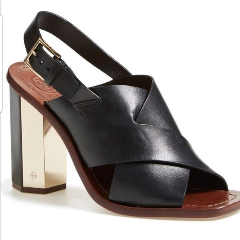 Tory Burch Bleecker Slingback Sandal Women's 8.5 Black Leather Heels Excellent